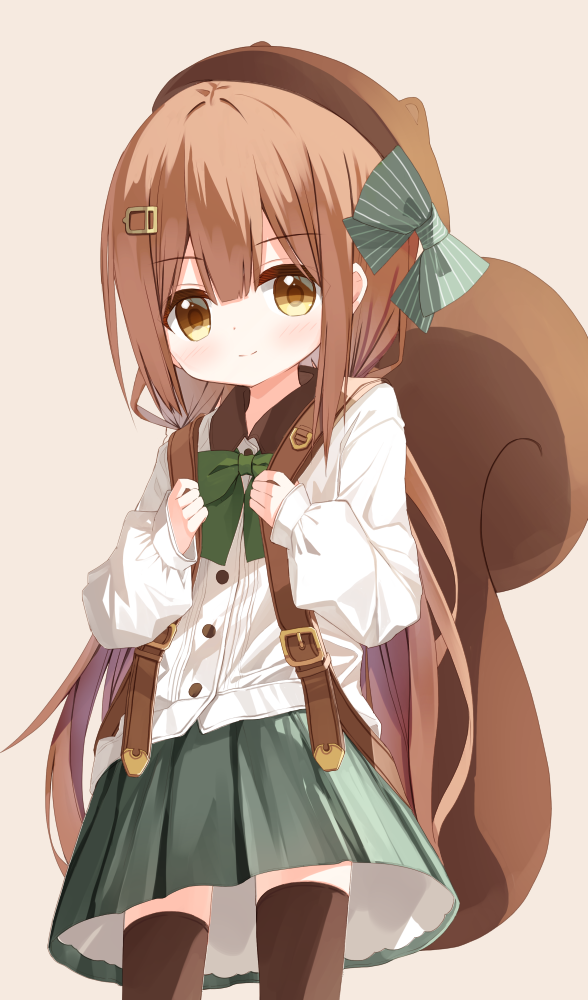 1girl animal_ears animal_hat backpack bag bangs beret blush bow brown_background brown_eyes brown_hair brown_headwear brown_thighhighs closed_mouth collared_shirt dress_shirt fake_animal_ears green_bow green_skirt hair_between_eyes hair_bow hair_ornament hairclip hands_up hat holding_strap long_hair long_sleeves looking_at_viewer low_twintails original pleated_skirt puffy_long_sleeves puffy_sleeves shirt simple_background skirt smile solo squirrel_girl_(yuuhagi_(amaretto-no-natsu)) squirrel_tail striped striped_bow tail thigh-highs twintails very_long_hair white_shirt yuuhagi_(amaretto-no-natsu)
