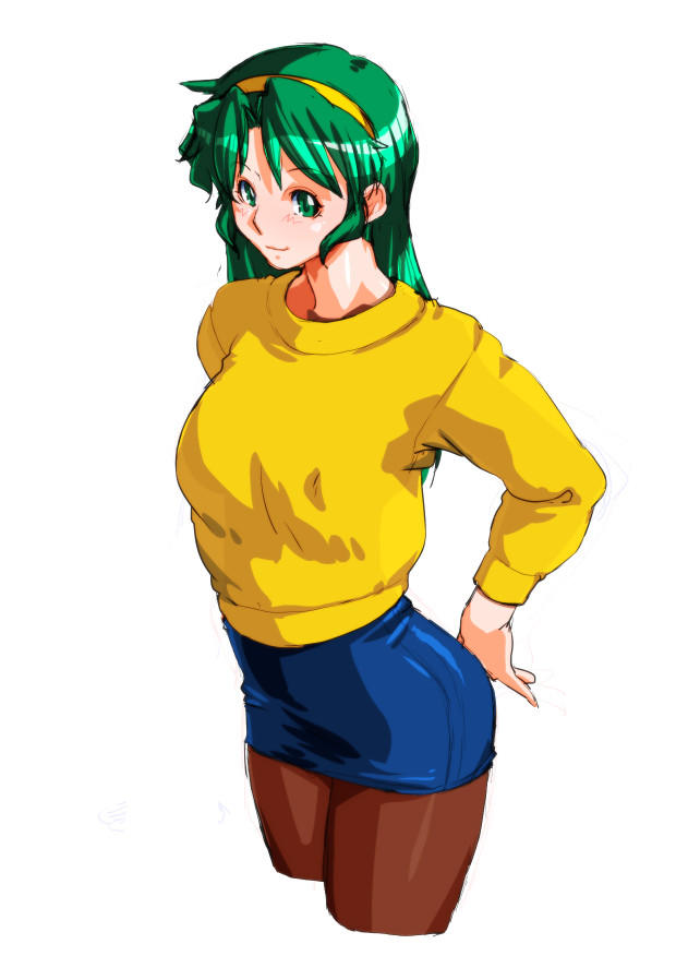 1girl black_pantyhose blue_skirt green_eyes green_hair hairband long_hair pantyhose qkat_(arikawa-dou) shoko_(super_real_mahjong) simple_background skirt smile solo super_real_mahjong sweater white_background yellow_hairband yellow_sweater