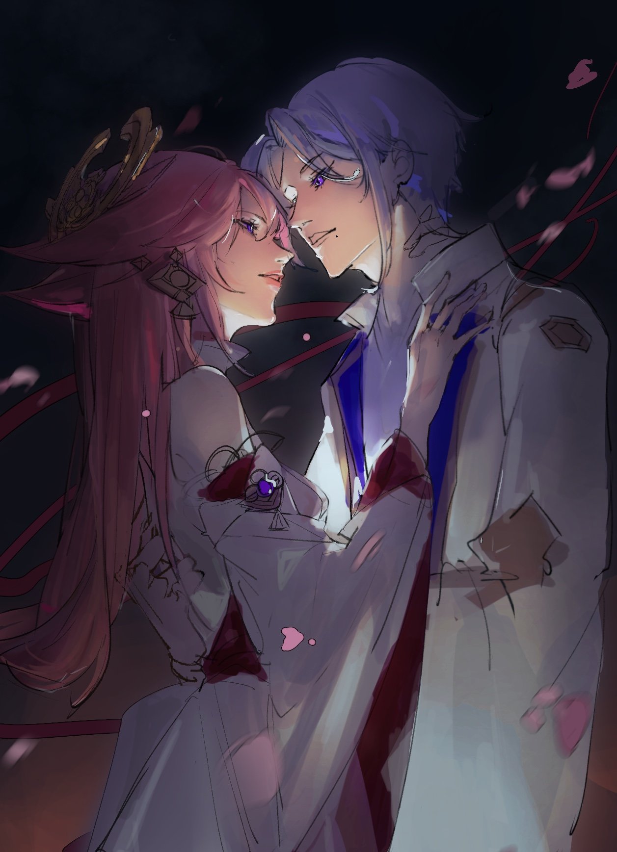 1boy 1girl animal_ears bangs black_background detached_sleeves dress earrings fox_ears genshin_impact hair_behind_ear hand_on_another's_back hand_on_another's_chest hand_on_another's_neck headdress highres jacket jewelry kamisato_ayato long_hair mole mole_under_mouth parted_lips petals sketch violet_eyes white_dress white_jacket yae_miko zhangmiao1111