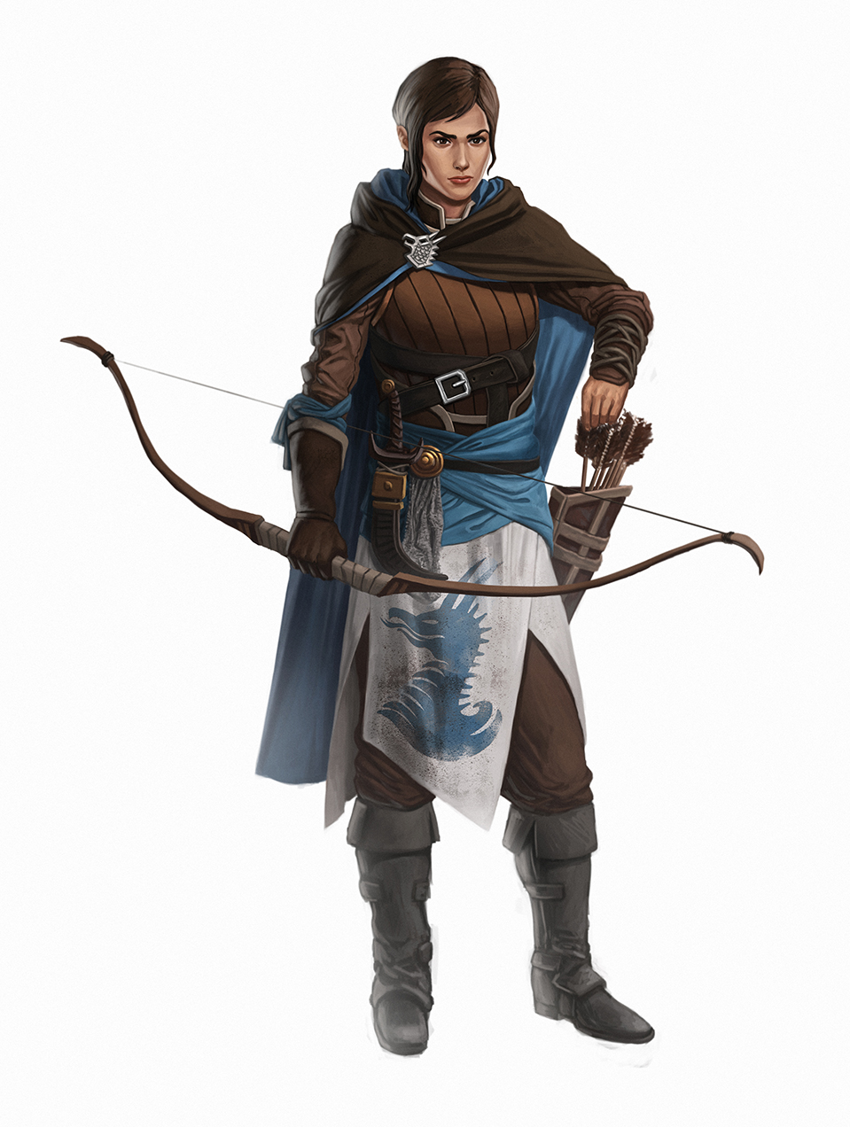 1girl arm_guards armor arrow_(projectile) black_footwear boots bow_(weapon) brown_cape brown_eyes brown_gloves brown_hair brown_pants cape closed_mouth full_body gloves highres holding holding_bow_(weapon) holding_weapon iamagri knife lips looking_at_viewer medium_hair original pants quiver ranger sheath sheathed simple_background single_glove solo weapon white_background