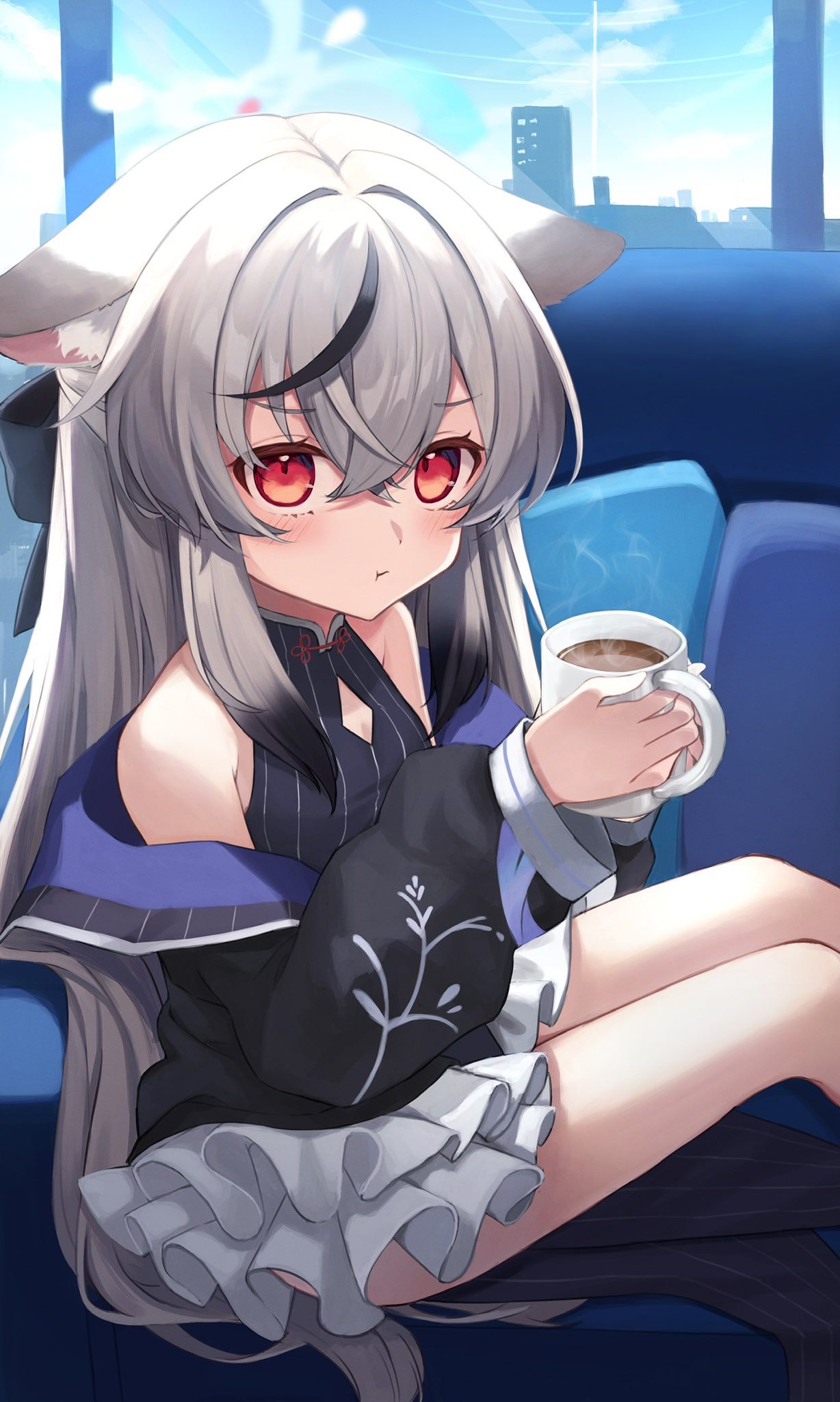 1girl animal_ears arm_out_of_sleeve bangs blue_archive blurry chinese_clothes coffee coffee_mug commentary_request couch cup depth_of_field frilled_skirt frills grey_hair hair_between_eyes halo highres holding holding_cup kokona_(blue_archive) long_hair long_sleeves looking_at_viewer low_twintails mug multicolored_hair pillow red_eyes sidelocks sitting skirt sleeveless solo squallea steam streaked_hair tiger_ears tiger_girl twintails two-tone_hair window