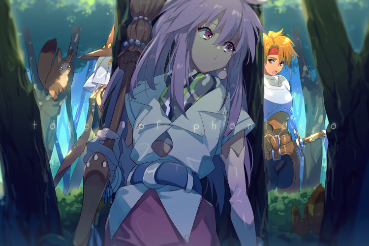 1girl 2boys arche_klein belt broom claus_lester cress_albane earrings echo_(circa) elbow_gloves gloves hat jewelry long_hair multiple_boys open_mouth pink_eyes pink_hair sword tales_of_(series) tales_of_phantasia tree weapon