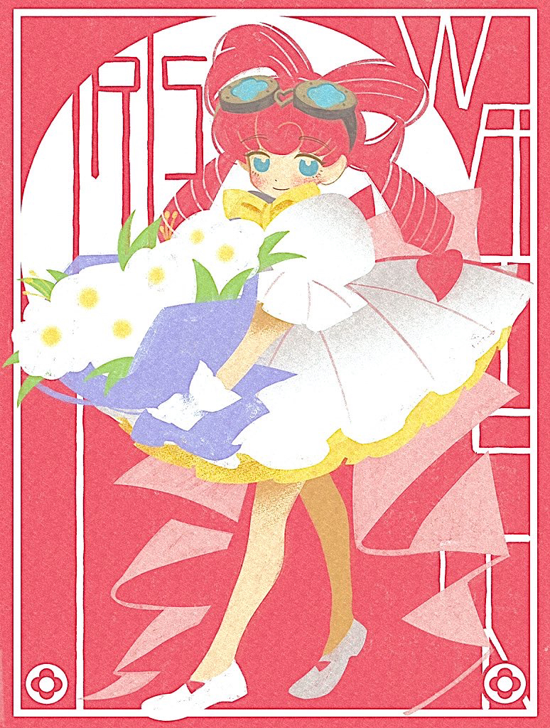 ace_attorney bangs blue_eyes bouquet bow closed_mouth dress drill_hair flower gloves goggles goggles_on_head hair_rings holding holding_bouquet iris_wilson looking_at_viewer pink_hair puffy_short_sleeves puffy_sleeves shino_bunnys short_sleeves smile the_great_ace_attorney white_dress white_gloves yellow_bow