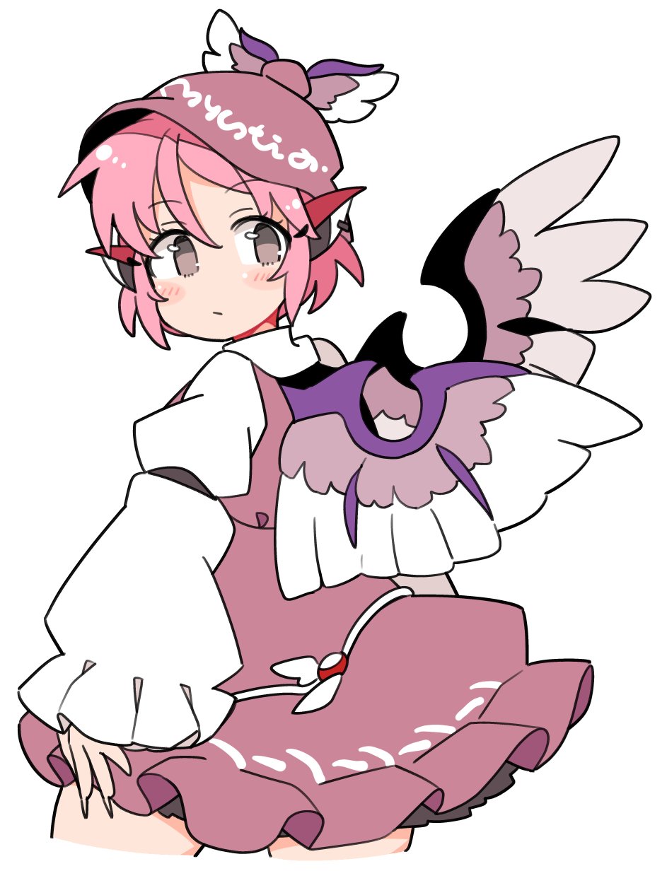 1girl animal_ears bird_ears bird_wings blush brown_dress brown_headwear closed_mouth cowboy_shot cropped_legs dress earrings fingernails frilled_dress frilled_sleeves frills grey_eyes hair_between_eyes hat highres ini_(inunabe00) jewelry long_fingernails long_sleeves mystia_lorelei pink_hair sharp_fingernails short_hair simple_background single_earring solo touhou white_background white_wings wide_sleeves winged_hat wings