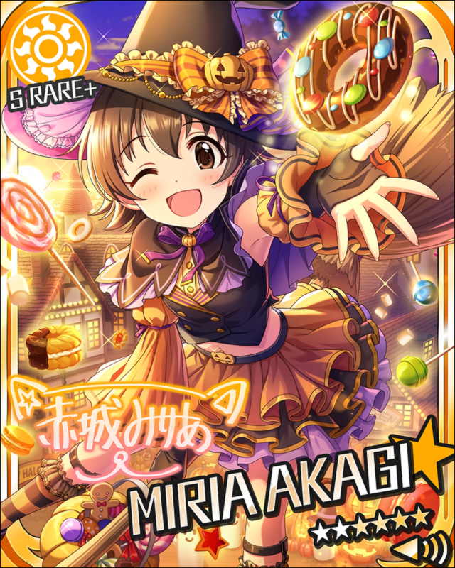 akagi_miria blush brown_eyes brown_hair character_name dress halloween idolmaster idolmaster_cinderella_girls short_hair smile stars wink