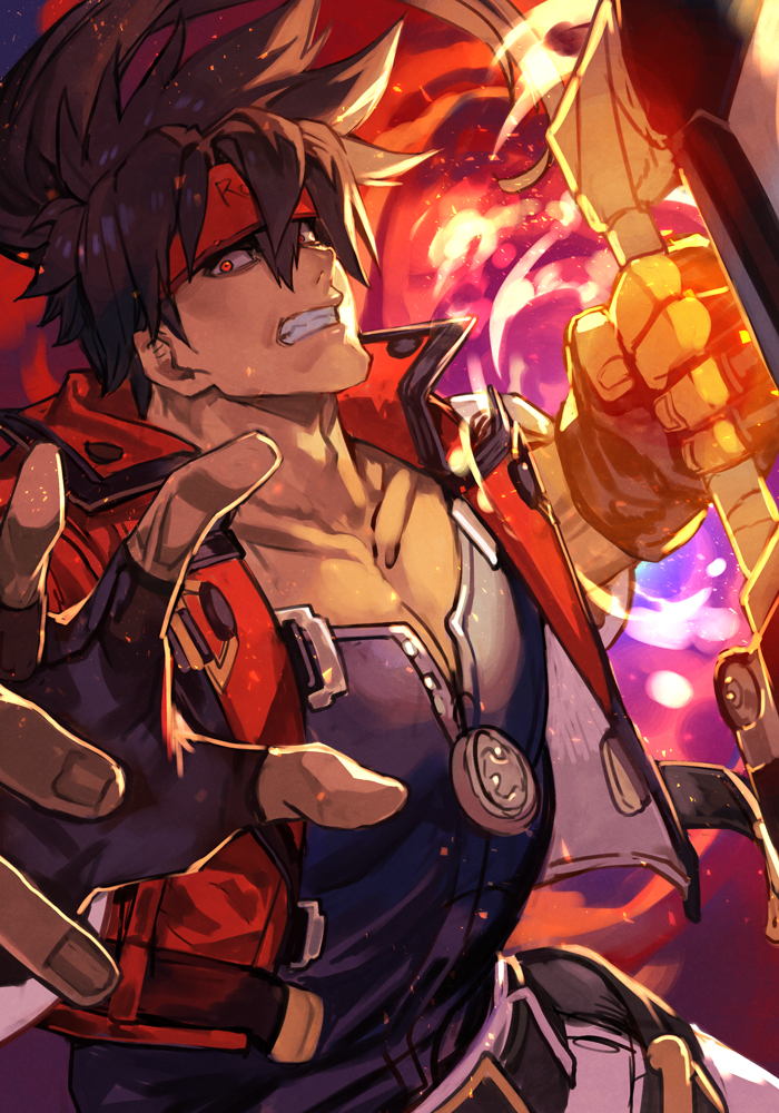 1boy belt black_belt black_shirt brown_hair clenched_hand clenched_teeth fingerless_gloves gloves guilty_gear guilty_gear_xrd hankuri headband holding holding_weapon long_hair looking_to_the_side muscular muscular_male pants red_eyes shirt sol_badguy solo teeth weapon white_pants