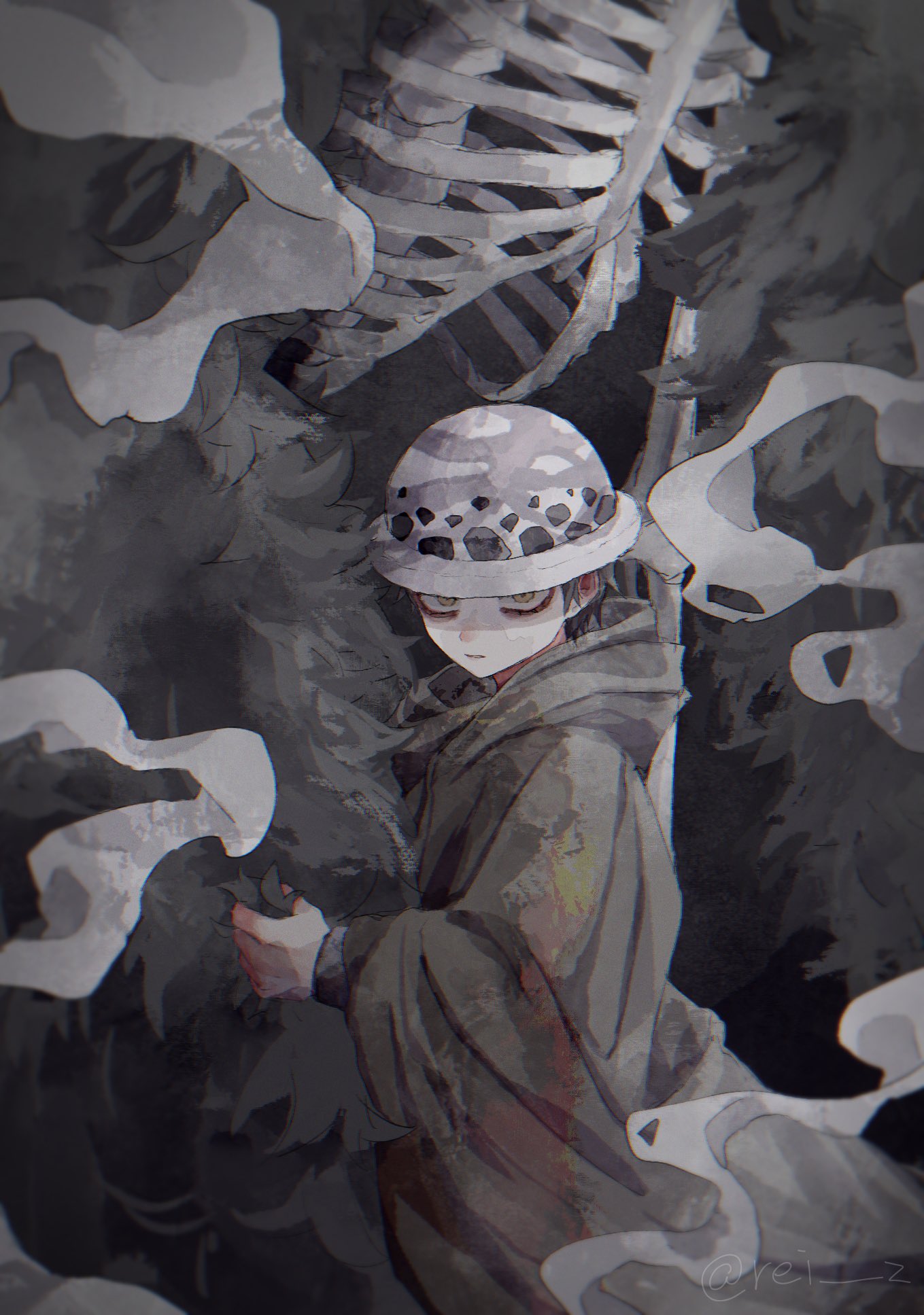 1boy bags_under_eyes black_feathers black_hair child cloak feathers grey_cloak hat highres holding holding_feather long_sleeves male_child male_focus muted_color one_piece pale_skin rei_su ribs short_hair skeleton smoke solo trafalgar_law twitter_username yellow_eyes