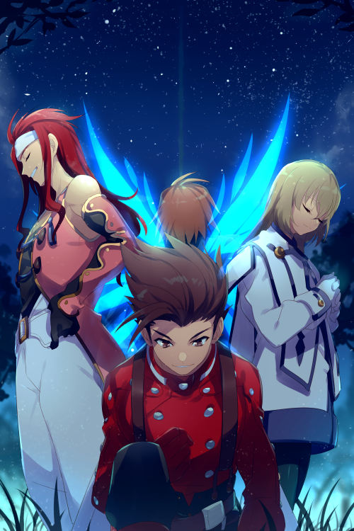 1girl 3boys blonde_hair brown_eyes brown_hair closed_eyes closed_mouth colette_brunel dress echo_(circa) gloves kratos_aurion lloyd_irving long_hair multiple_boys pantyhose red_shirt redhead shirt smile tales_of_(series) tales_of_symphonia wings zelos_wilder