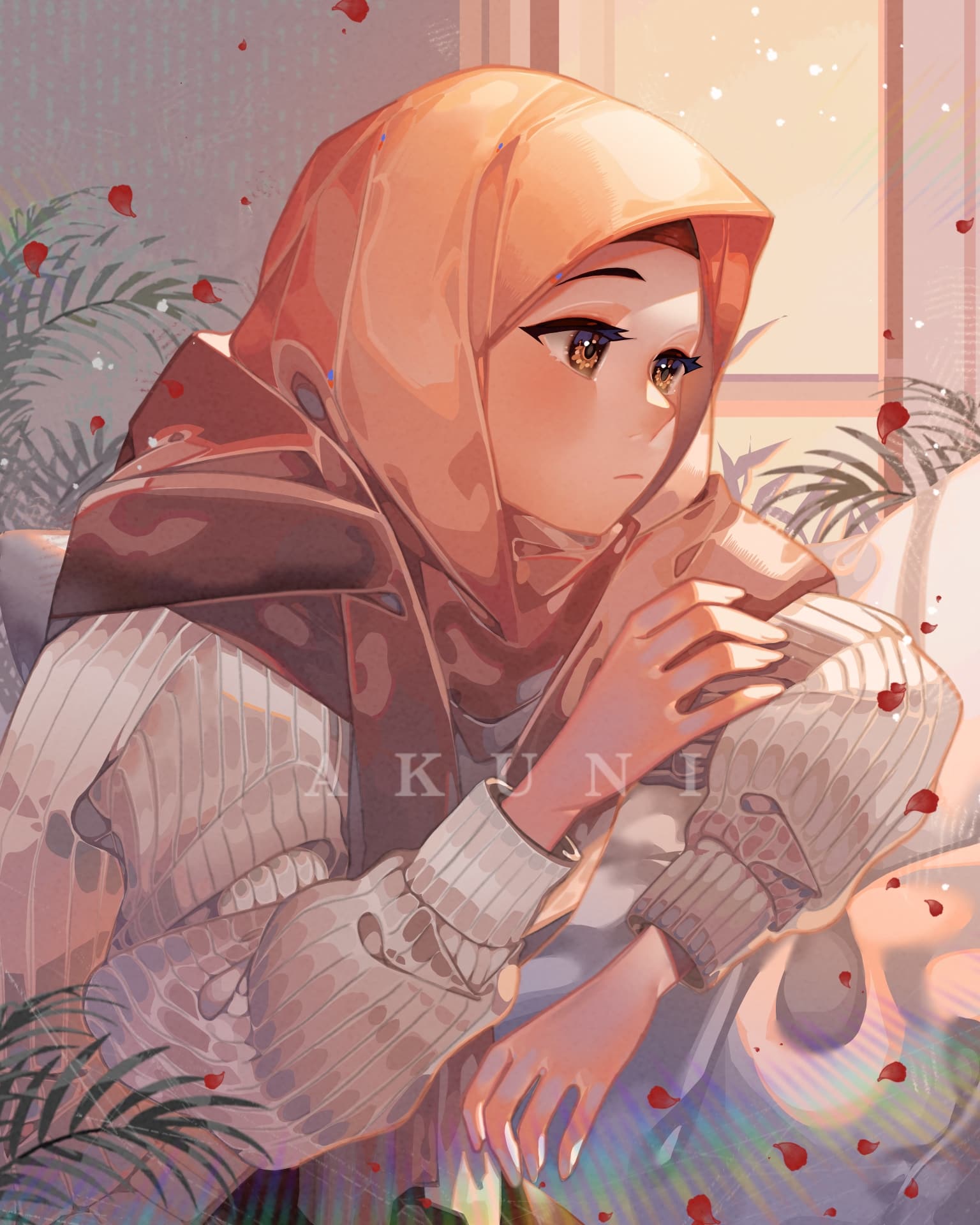 1girl akuni_(sinoru50) black_nails blush brown_eyes couch english_commentary grey_sweater hand_on_own_arm highres hijab indoors light_frown looking_down orange_scarf original petals plant ribbed_sweater scarf sitting solo sweater watermark window