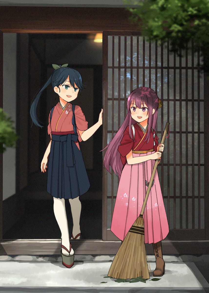 2girls annin_musou architecture black_hair boots broom brown_eyes door east_asian_architecture geta grey_eyes hair_between_eyes hair_ribbon hakama hakama_skirt highres holding holding_broom houshou_(kancolle) japanese_clothes kamikaze_(kancolle) kantai_collection kimono long_hair long_sleeves meiji_schoolgirl_uniform multiple_girls pantyhose platform_footwear ponytail purple_hair revision ribbon shadow skirt sliding_doors smile tabi wide_sleeves