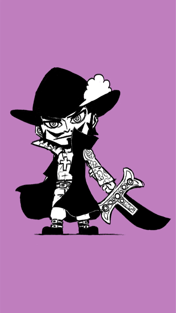 1boy abs arm_at_side beard belt blacknirrow boots cape chibi closed_mouth commentary cross cross_necklace cutlass dracule_mihawk english_commentary facial_hair floral_print full_body hat hat_feather high_collar holding holding_sword holding_weapon jewelry latin_cross long_sleeves looking_at_viewer male_focus monochrome mustache necklace no_shirt one_piece pants purple_background ringed_eyes short_hair simple_background sketch solo standing sword weapon