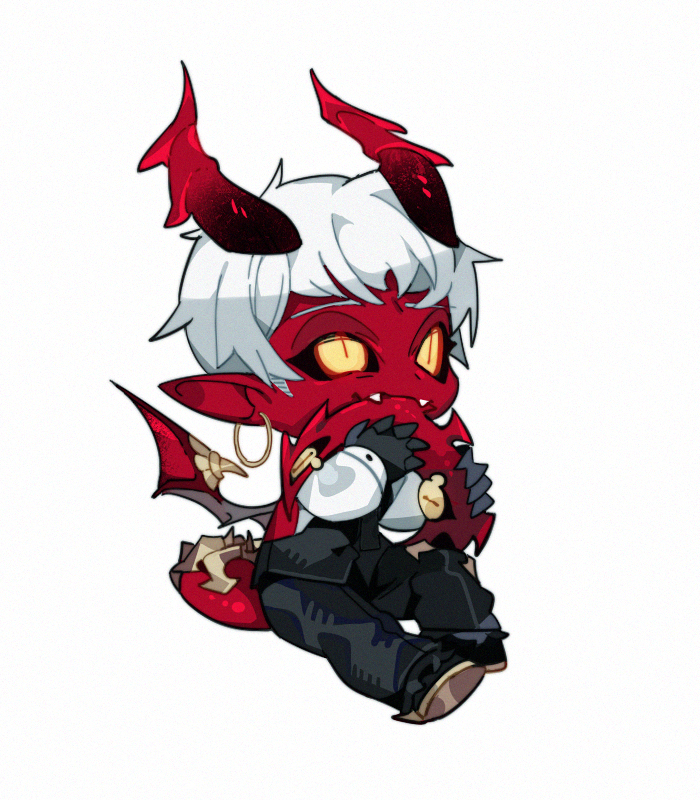 1boy animal_feet biting black_gloves black_horns black_pants black_sclera black_vest chibi chinese_commentary colored_sclera colored_skin demon_boy demon_horns demon_tail demon_wings earrings extra_eyes fangs full_body gloves gradient_horns hands_up holding_tail hooves horns jewelry male_focus multicolored_horns original pants pointy_ears red_horns red_skin red_tail red_wings shirt short_hair simple_background sitting slit_pupils solo somalia tail tail_biting vest white_background white_hair white_shirt wings yellow_eyes