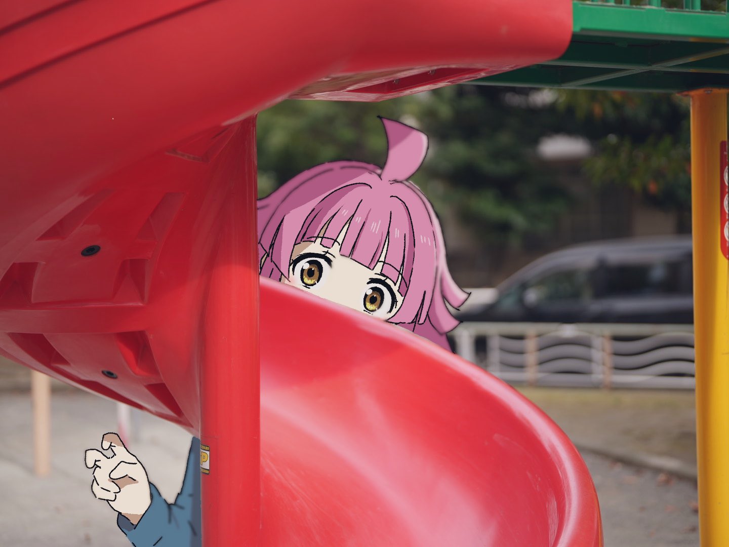 1girl ahoge bangs birthday blue_jacket blunt_bangs car commentary_request covering_face fence ground_vehicle hiding jacket looking_at_viewer love_live! love_live!_nijigasaki_high_school_idol_club medium_hair motor_vehicle photo_background pink_hair playground sandbox slide solo tennouji_rina tree v yellow_eyes yokota_takumi