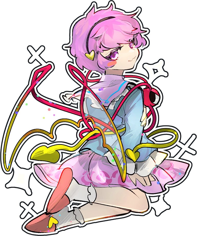 1girl :3 black_hairband blouse blue_shirt blush_stickers chamaruku closed_mouth commentary demon_wings fake_wings floral_print frilled_shirt_collar frilled_sleeves frills full_body hair_ornament hairband heart heart_hair_ornament holding_own_arm komeiji_satori long_sleeves looking_at_viewer looking_back messy_hair pink_eyes pink_footwear pink_hair pink_skirt rose_print shirt short_hair skirt slippers socks solo third_eye touhou white_socks wide_sleeves wings