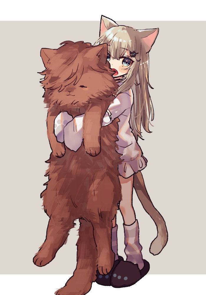 1girl :o animal animal_ears cat cat_ears cat_girl cat_tail dress holding holding_animal indie_virtual_youtuber kokkovvv light_brown_hair long_hair long_sleeves looking_at_viewer nachoneko open_mouth oversized_animal short_dress sleeves_past_fingers sleeves_past_wrists slippers tail virtual_youtuber white_dress