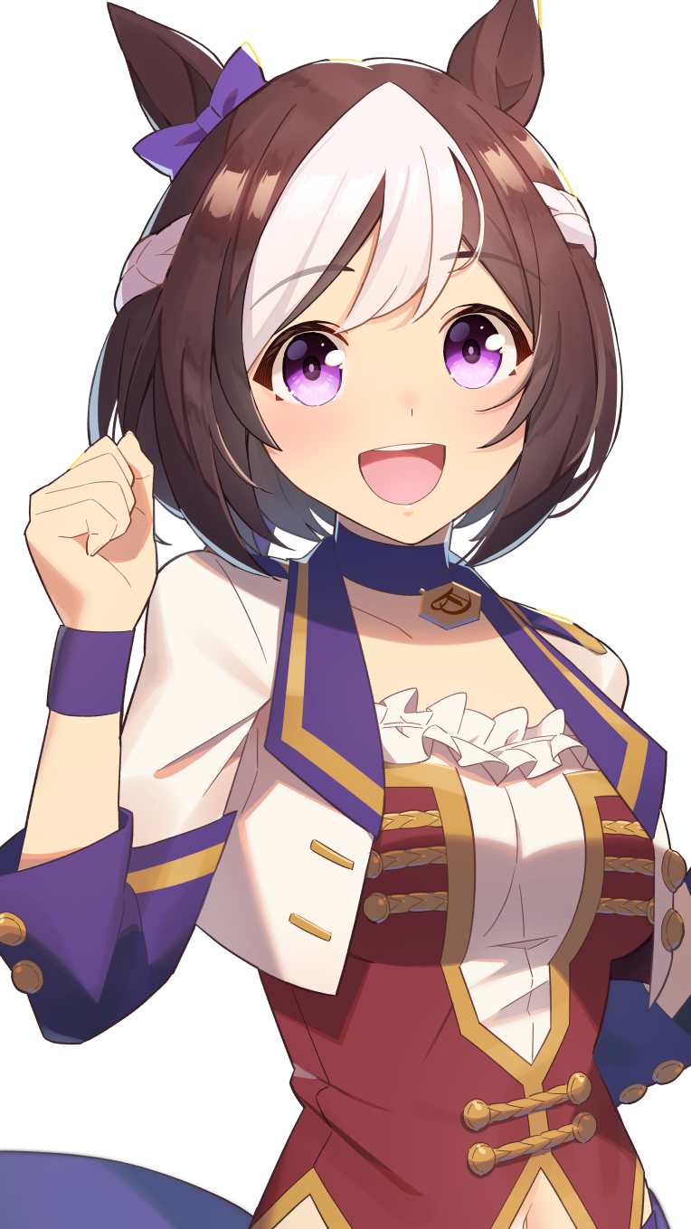 1girl :d animal_ears bow brown_hair clenched_hand commentary ear_bow highres horse_ears horse_girl looking_at_viewer multicolored_hair nonono_(1399900) purple_bow short_hair simple_background smile solo special_week_(umamusume) starting_future_(umamusume) two-tone_hair umamusume upper_body violet_eyes white_background white_hair