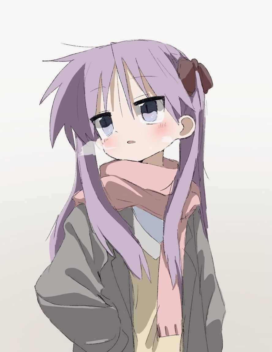 1girl arms_at_sides bangs blue_eyes blush bow breath brown_bow brown_jacket hair_between_eyes hair_bow hair_over_shoulder hand_in_pocket hiiragi_kagami jacket konokawa light_purple_hair long_hair long_sleeves looking_to_the_side lucky_star open_mouth pink_scarf scarf shirt simple_background solo steam straight_hair tsurime twintails upper_body white_background yellow_shirt