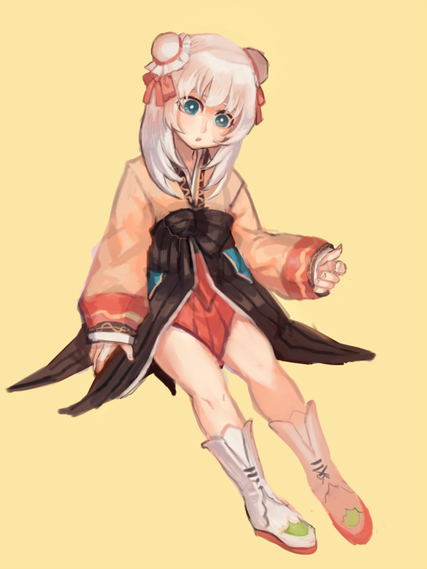 1girl bangs blue_eyes blush boots bow bright_pupils brown_sash bun_cover buubuu_(loli69) chinese_commentary commentary_request double_bun full_body hair_bow hair_bun hanbok korean_clothes long_hair looking_down open_mouth orange_hanbok ragnarok_online red_bow simple_background sleeves_past_wrists solo soul_linker_(ragnarok_online) white_footwear white_hair white_pupils yellow_background