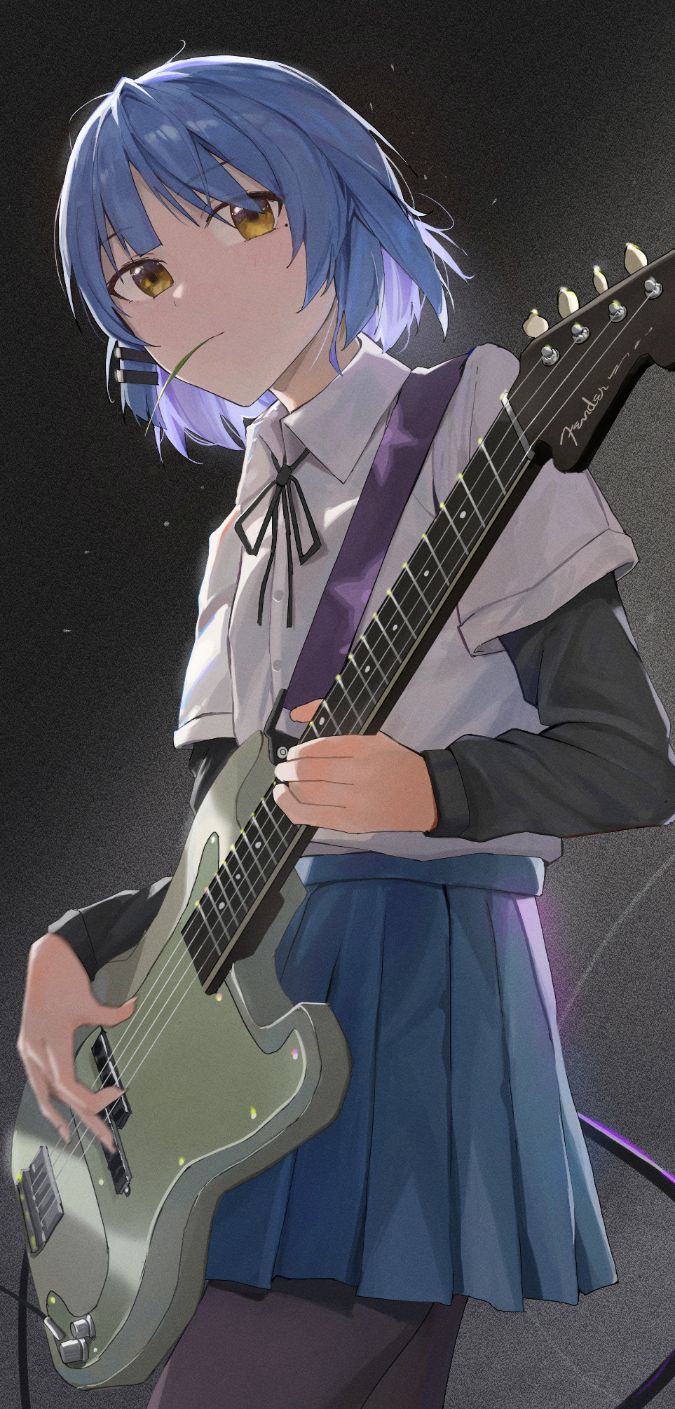 1girl bangs black_background black_ribbon blue_hair blue_skirt blunt_bangs bocchi_the_rock! brown_pantyhose closed_mouth collared_shirt cowboy_shot eating guitar hair_ornament hairclip highres holding holding_instrument instrument long_sleeves looking_up neck_ribbon pantyhose pleated_skirt ribbon shiny shiny_hair shirt short_hair skirt smile solo standing white_shirt yamada_ryou yellow_eyes yunkkker