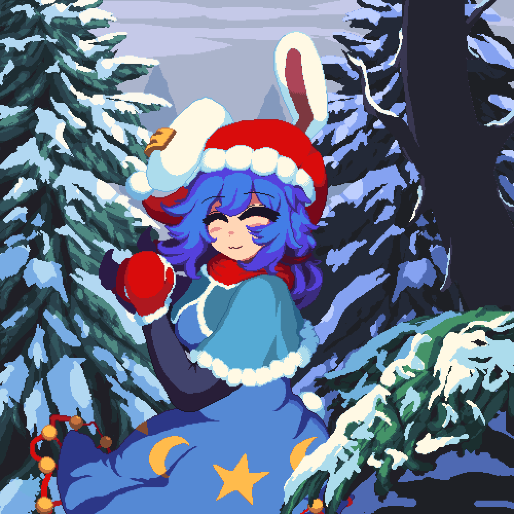 1girl animal_ears blue_capelet blue_hair capelet closed_mouth crescent_print earclip grey_sky hat long_sleeves medium_hair outdoors pine_tree pixel_art rabbit_ears rabbit_girl red_headwear rioku santa_hat seiran_(touhou) smile snow solo standing star_(symbol) touhou tree