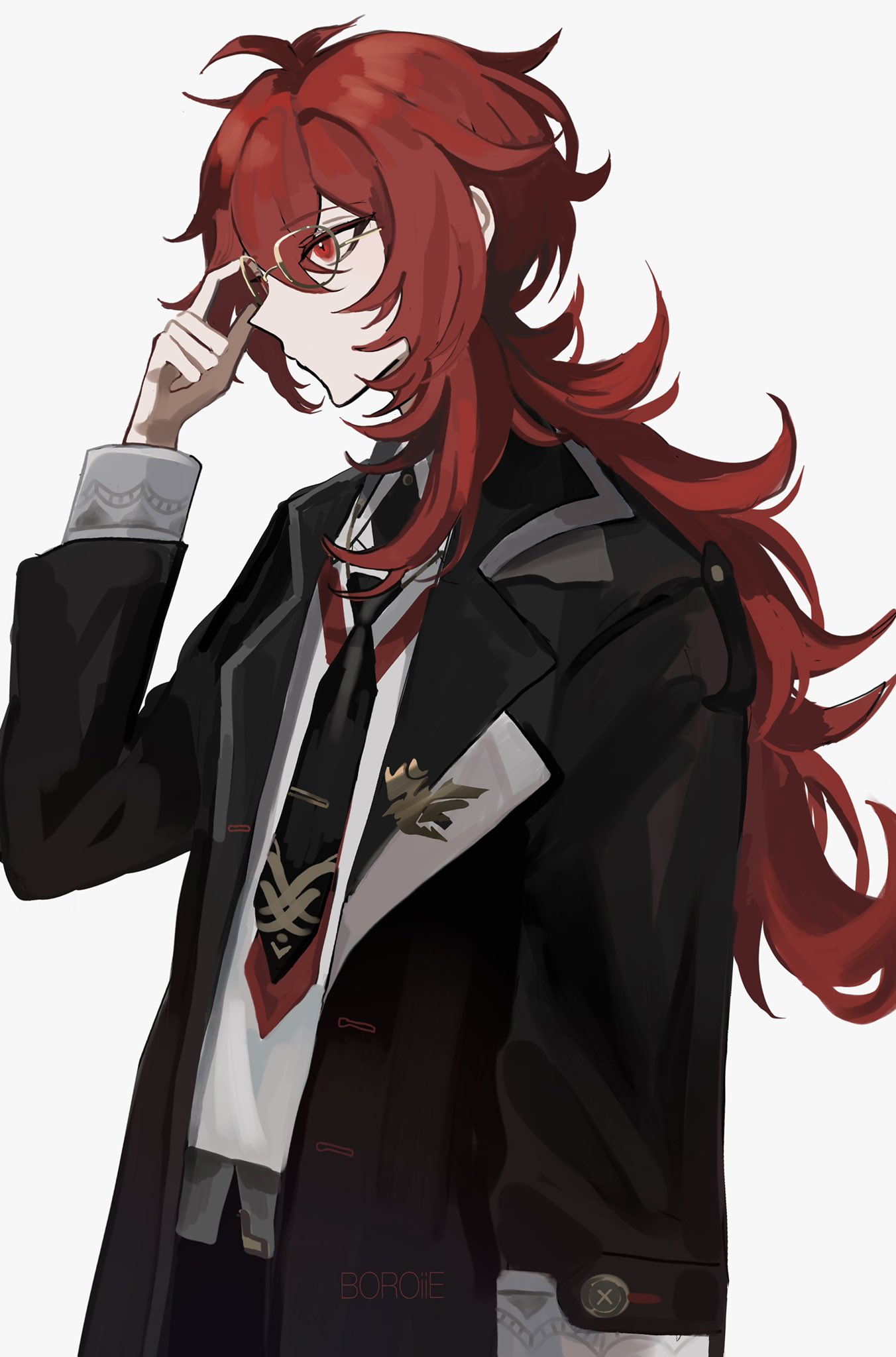 1boy ahoge alternate_costume artist_name bangs black_jacket black_necktie black_pants boroiie buttons closed_mouth collared_jacket collared_shirt diluc_(genshin_impact) genshin_impact glasses grey_shirt hair_between_eyes hand_up highres jacket long_hair long_sleeves looking_to_the_side male_focus necktie open_clothes open_jacket pants ponytail red_eyes redhead shirt sidelocks simple_background solo standing white_background wing_collar