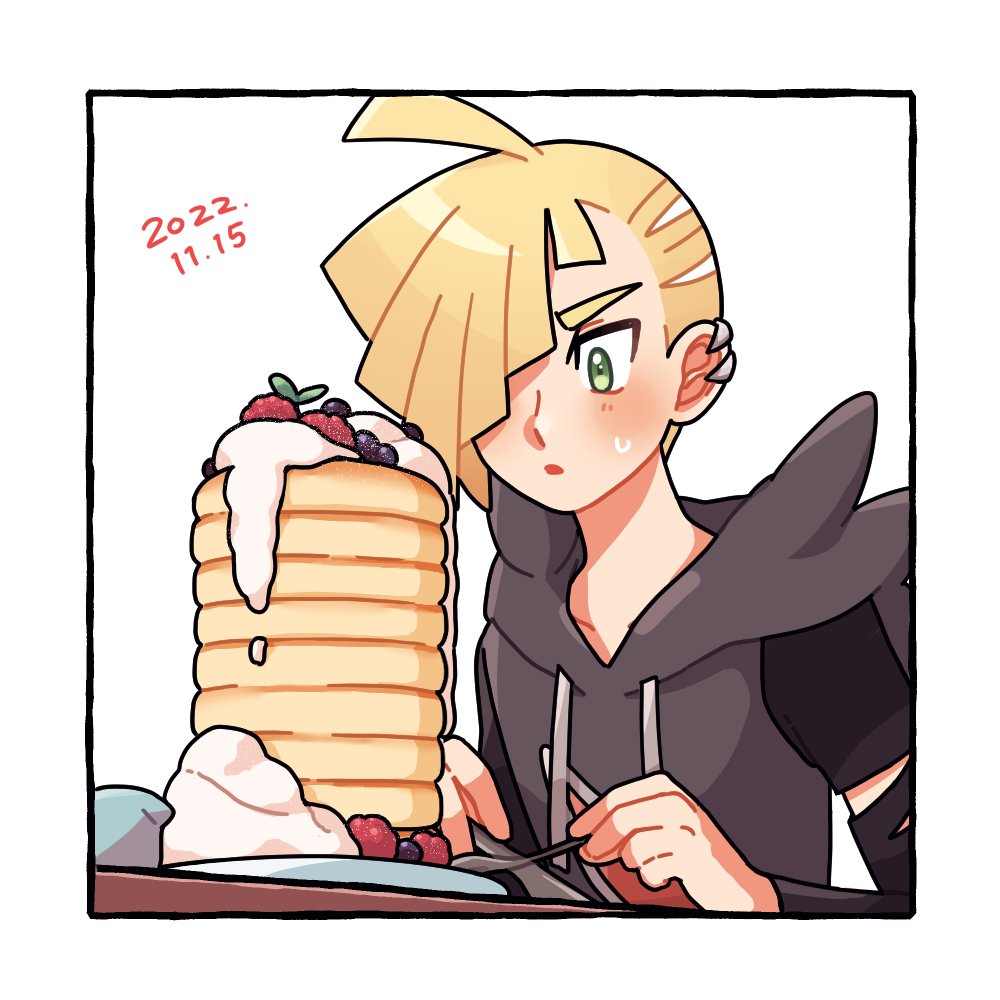 1boy ahoge bangs black_shirt blonde_hair blush border commentary_request daifuku_(pokefuka_art) dated ear_piercing food gladion_(pokemon) green_eyes grey_vest hair_over_one_eye holding hood hooded_vest hoodie male_focus pancake pancake_stack piercing plate pokemon pokemon_(game) pokemon_sm shirt short_hair solo sweatdrop tassel torn_clothes torn_shirt vest white_border