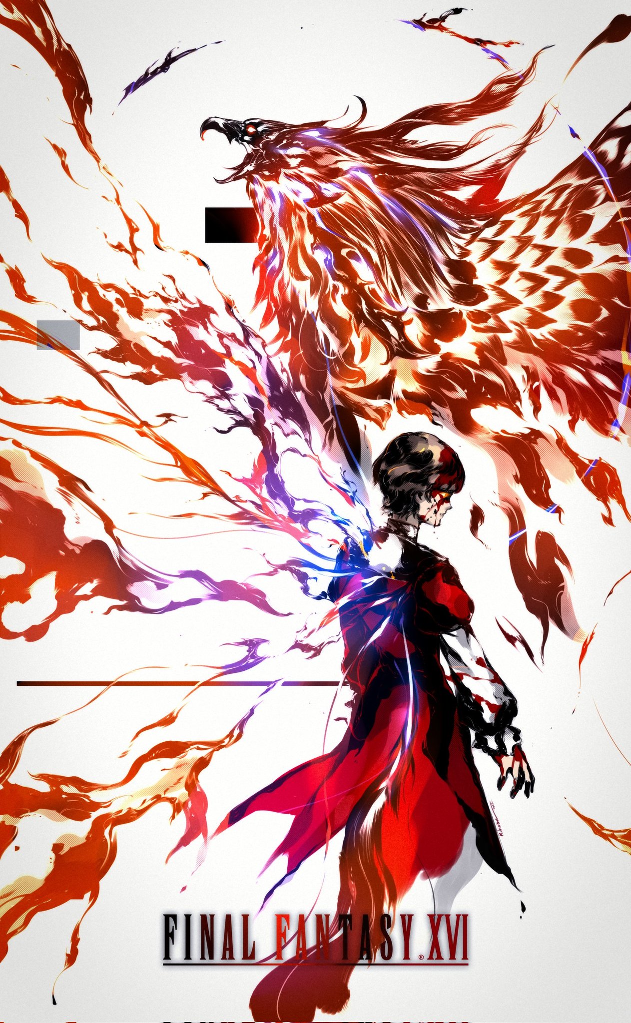 1boy bird blood blood_on_clothes blood_on_face energy facing_away fiery_wings final_fantasy final_fantasy_xvi fire glowing glowing_eyes highres kubaushi logo looking_away phoenix phoenix_(final_fantasy) short_hair simple_background white_background wings yellow_eyes