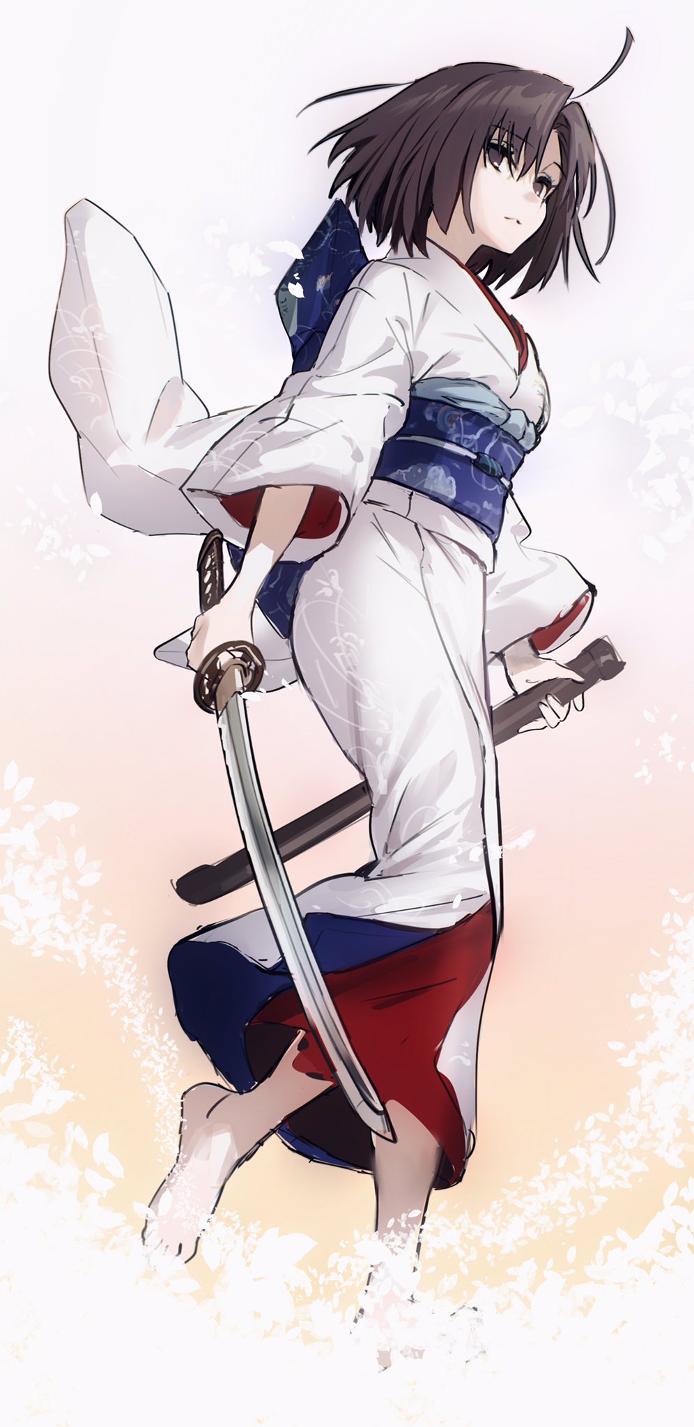 1girl ahoge barefoot black_eyes black_hair highres holding holding_sheath holding_sword holding_weapon japanese_clothes kara_no_kyoukai katana kimono obi petals ryougi_shiki sash sheath sword type_aruz weapon wide_sleeves