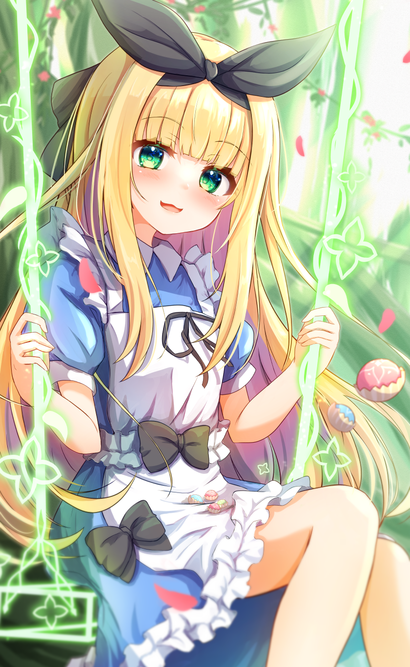 1girl :3 :d apron bangs baram black_ribbon blonde_hair blue_dress blush collared_dress commentary_request dress feet_out_of_frame frilled_apron frilled_dress frills green_eyes hair_ribbon hands_up highres long_hair looking_at_viewer mononobe_alice nijisanji petals puffy_short_sleeves puffy_sleeves ribbon short_sleeves sitting smile solo swing very_long_hair virtual_youtuber white_apron