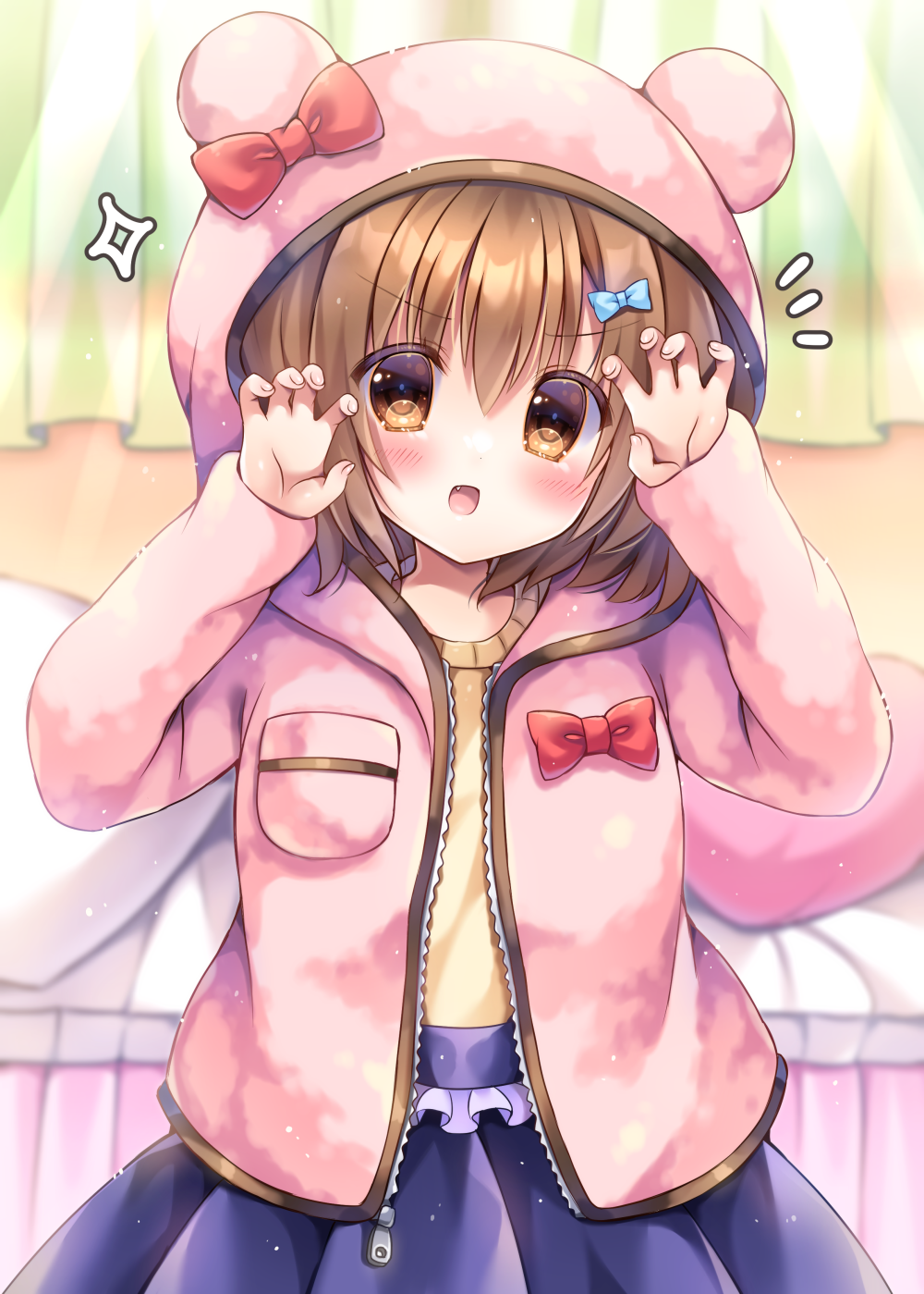 1girl :d animal_ears animal_hood arm_up bangs bear_ears bear_hood bed blue_bow blue_skirt blurry blurry_background blush bow brown_eyes brown_hair brown_shirt claw_pose commentary_request curtains depth_of_field fake_animal_ears fang hair_between_eyes hair_bow hand_up highres hood hood_up hooded_jacket indoors jacket kouta. long_sleeves looking_at_viewer notice_lines original pillow pink_jacket pleated_skirt red_bow shirt skirt sleeves_past_wrists smile solo sparkle