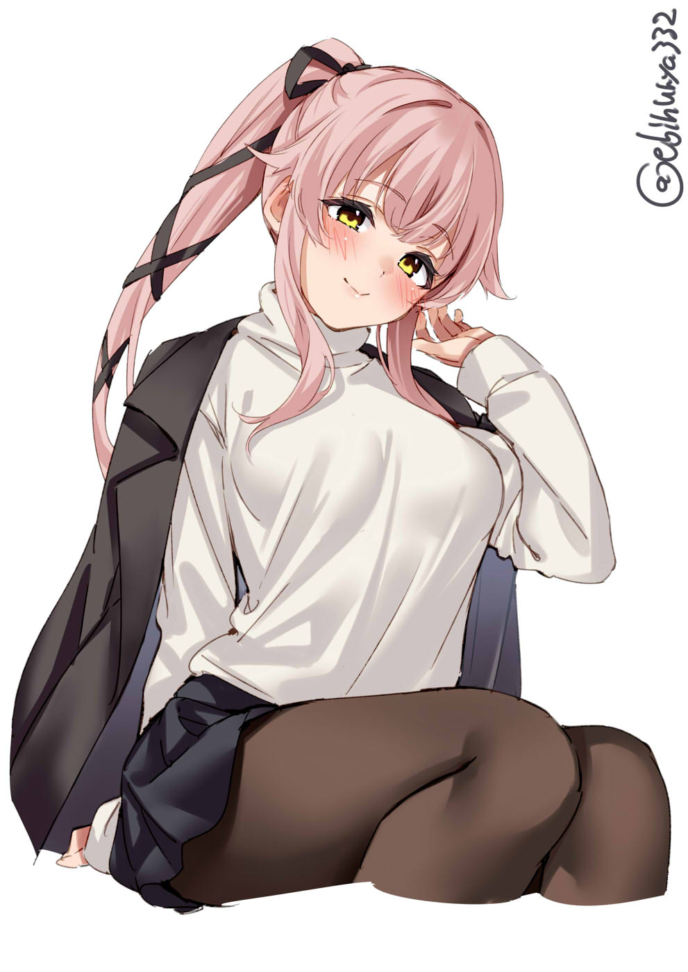 1girl bangs black_jacket black_ribbon blush breasts closed_mouth cropped_legs ebifurya hair_flaps hair_ribbon high_ponytail highres invisible_chair jacket jacket_on_shoulders kantai_collection large_breasts long_hair long_sleeves looking_at_viewer one-hour_drawing_challenge pantyhose pink_hair ribbon short_hair simple_background sitting skirt solo sweater turtleneck turtleneck_sweater twitter_username white_background white_sweater yellow_eyes yura_(kancolle)