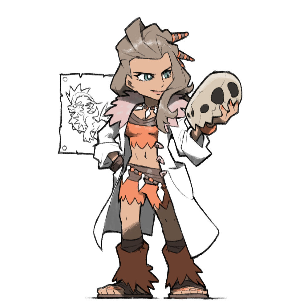 1girl blacknirrow blue_eyes bracelet breasts bright_pupils closed_mouth coat english_commentary fingernails full_body hand_on_hip holding holding_skull jewelry koraidon labcoat legs_apart light_brown_hair long_hair medium_breasts nail_polish navel necklace open_clothes open_coat orange_nails orange_shorts pokemon pokemon_(game) pokemon_sv sada_(pokemon) sandals shorts simple_background skull smile solo standing toenail_polish toenails torn_clothes torn_shorts white_background white_coat white_pupils