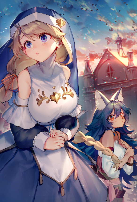 2girls animal_ears bangs black_hair blonde_hair braid braided_ponytail breasts church dress dusk eyebrows_hidden_by_hair hair_between_eyes long_hair looking_at_viewer looking_to_the_side mebaru multiple_girls nun official_art open_mouth original outdoors ponytail red_eyes sleeveless violet_eyes