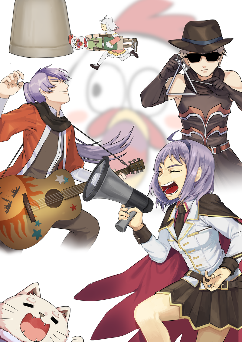 2girls 4boys acoustic_guitar ahoge arch_bishop_(ragnarok_online) bangs bell black_footwear black_gloves black_necktie black_scarf black_shirt blazer boots bow brown_cape brown_footwear brown_gloves brown_headwear brown_skirt buubuu_(loli69) cape cat_boy chicken_mask chinese_commentary closed_eyes coat collared_shirt commentary_request dress dress_bow elbow_gloves fedora feet_out_of_frame fingerless_gloves frilled_dress frilled_sleeves frills furry furry_male genetic_(ragnarok_online) gloves green_shirt green_shorts guillotine_cross_(ragnarok_online) guitar hairband hat holding holding_megaphone instrument jacket joya_no_kane kuso_miso_technique long_hair mary_janes masked megaphone minstrel_(ragnarok_online) multiple_boys multiple_girls music necktie official_alternate_costume open_mouth playing_instrument ponytail purple_hair purple_hairband ragnarok_online ranger_(ragnarok_online) red_cape red_coat red_dress red_shirt scarf shirt shoes short_hair shorts skirt sleeveless sleeveless_shirt smile summoner_(ragnarok_online) sunglasses thigh-highs triangle_(instrument) two-sided_cape two-sided_fabric white_background white_dress white_hair white_jacket white_thighhighs yaranaika yellow_bow
