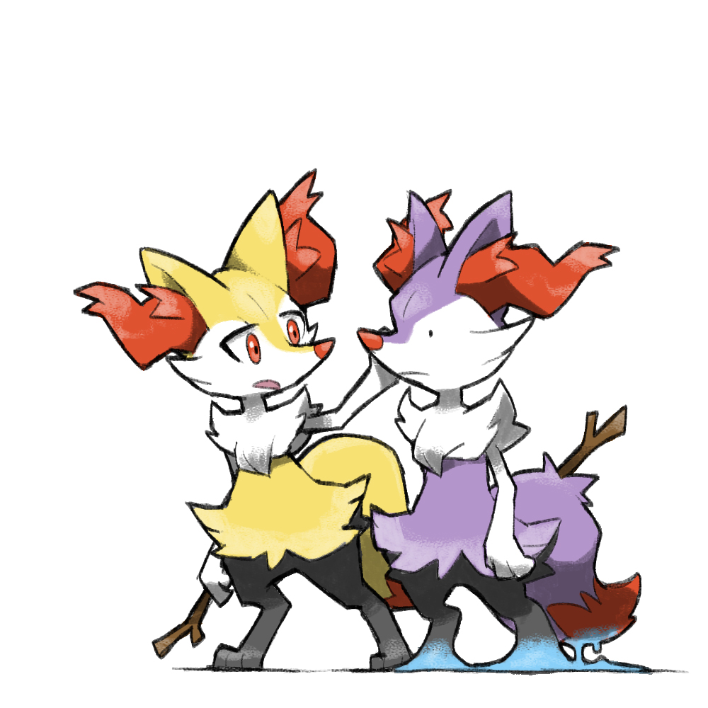 alternate_color blacknirrow braixen closed_mouth d: digitigrade ditto frown furry holding holding_stick looking_at_another orange_eyes pokemon pokemon_(creature) shiny_pokemon simple_background slime_(substance) snout standing stick transformed_ditto white_background
