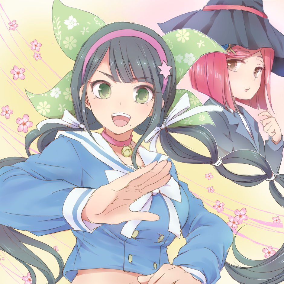 0aoiurn0 2girls :d :o bangs black_headwear black_jacket breasts brown_hair buttons chabashira_tenko commentary_request danganronpa_(series) danganronpa_v3:_killing_harmony double-breasted hair_ornament hair_ribbon hairclip hat jacket large_breasts long_hair long_sleeves looking_at_viewer mole mole_under_mouth multiple_girls open_mouth pleated_skirt red_eyes redhead ribbon school_uniform shiny shiny_hair shirt short_hair skirt smile twintails upper_body white_ribbon witch_hat yumeno_himiko