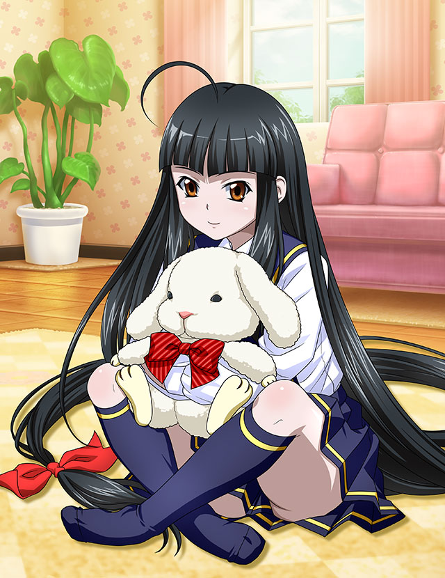 1girl absurdly_long_hair ahoge bangs black_hair blue_sailor_collar blue_skirt blue_socks blunt_bangs bow brown_eyes closed_mouth collared_shirt full_body hair_bow ikkitousen indian_style indoors long_hair miniskirt pleated_skirt red_bow sailor_collar sailor_shirt school_uniform serafuku shifu_(ikkitousen) shiny shiny_hair shirt sitting skirt smile socks solo stuffed_animal stuffed_bunny stuffed_toy very_long_hair white_shirt