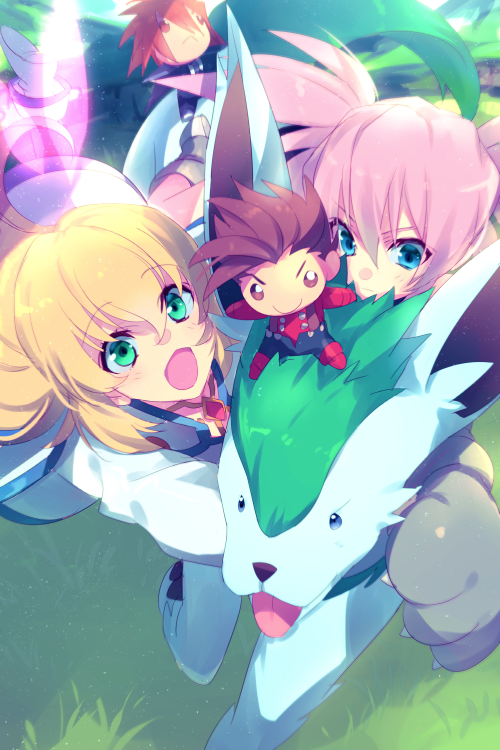 2girls blonde_hair blue_eyes boots choker closed_mouth colette_brunel dress echo_(circa) gloves green_eyes holding jewelry long_hair multiple_girls open_mouth pantyhose pink_hair presea_combatir smile stuffed_toy tales_of_(series) tales_of_symphonia twintails wings