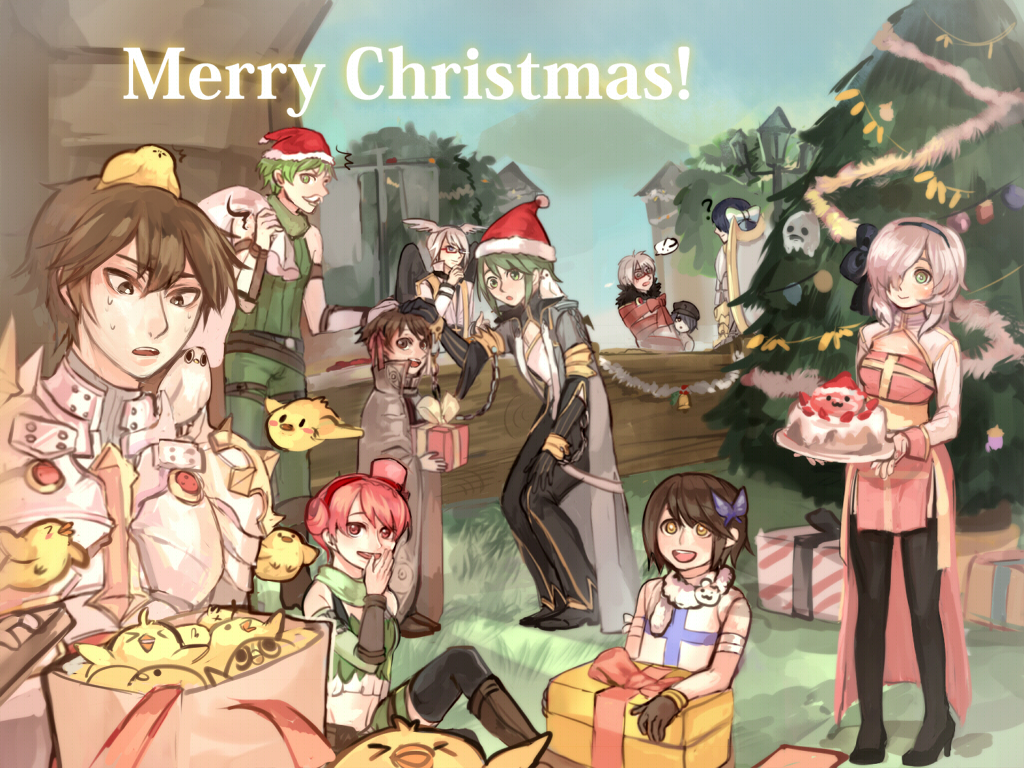 3girls 6+boys :3 ? animal_on_head arch_bishop_(ragnarok_online) armor bangs belt bird bird_on_head black_footwear black_gloves black_hair black_pants black_thighhighs boots breastplate breasts brown_belt brown_cape brown_eyes brown_footwear brown_hair butterfly_hair_ornament buubuu_(loli69) cake cape chain chick chinese_commentary christmas christmas_tree cleavage_cutout closed_mouth clothing_cutout coat commentary_request cross cross_necklace dress facial_hair flat_chest food full_body gauntlets gift gloves green_eyes green_hair green_scarf green_shirt green_shorts green_tube_top grey_coat grey_hair hair_between_eyes hair_ornament hair_over_one_eye hat headpat holding holding_gift holding_tray jacket jewelry lamppost long_sleeves medium_breasts medium_hair merry_christmas midriff multiple_boys multiple_girls mustache navel necklace on_head open_mouth pants pauldrons pelvic_curtain pink_hair poring ragnarok_online ranger_(ragnarok_online) red_eyes royal_guard_(ragnarok_online) rune_knight_(ragnarok_online) santa_hat sash scarf shirt shoes short_hair shorts shoulder_armor sitting sleeveless sleeveless_shirt smile sorcerer_(ragnarok_online) spiked_pauldrons standing strapless super_novice_(ragnarok_online) sura_(ragnarok_online) thigh-highs tray tube_top two-tone_dress upper_body warlock_(ragnarok_online) white_dress white_jacket white_shirt wizard_(ragnarok_online) yellow_sash