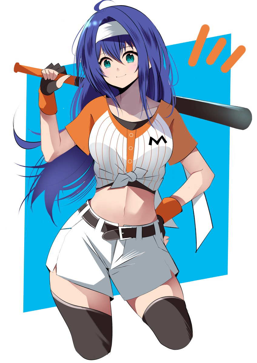 1girl baseball_bat black_gloves black_shirt black_thighhighs blue_hair cropped_legs fe135700 fingerless_gloves fire_emblem fire_emblem:_path_of_radiance fire_emblem:_radiant_dawn gloves green_eyes hairband hand_on_hip highres holding holding_baseball_bat mia_(fire_emblem) midriff navel shirt short_sleeves shorts simple_background smile solo t-shirt thigh-highs tied_shirt white_background white_hairband white_shorts zettai_ryouiki