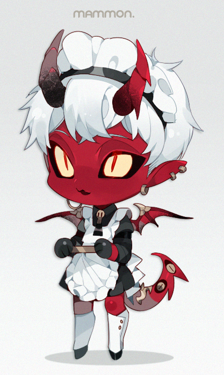 1boy :3 apron back_bow black_dress black_sclera bow chibi chinese_commentary collared_dress colored_sclera colored_skin crossdressing demon_boy demon_horns demon_tail demon_wings dress dress_bow ear_piercing earrings extra_eyes frilled_apron frills full_body gradient gradient_background grey_background hooves horns jewelry juliet_sleeves long_sleeves looking_at_viewer maid maid_apron maid_headdress male_focus monster_boy open_mouth original piercing pointy_ears puffy_sleeves red_horns red_skin red_wings short_hair slit_pupils solo somalia standing tail white_apron white_background white_bow white_hair white_headwear wings yellow_eyes