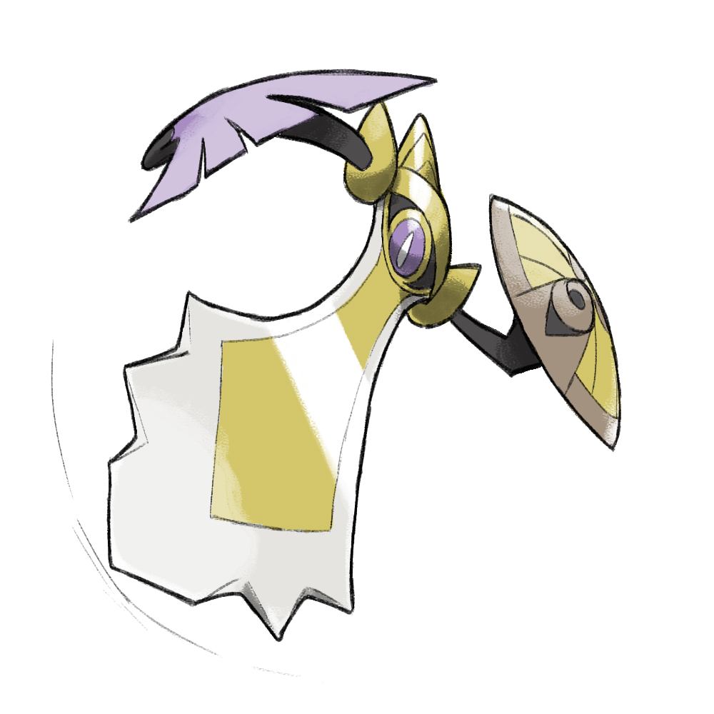 aegislash black_sclera blacknirrow bright_pupils colored_sclera english_commentary holding holding_shield no_humans one-eyed pokemon pokemon_(creature) shield simple_background slit_pupils solo sword violet_eyes weapon white_background white_pupils