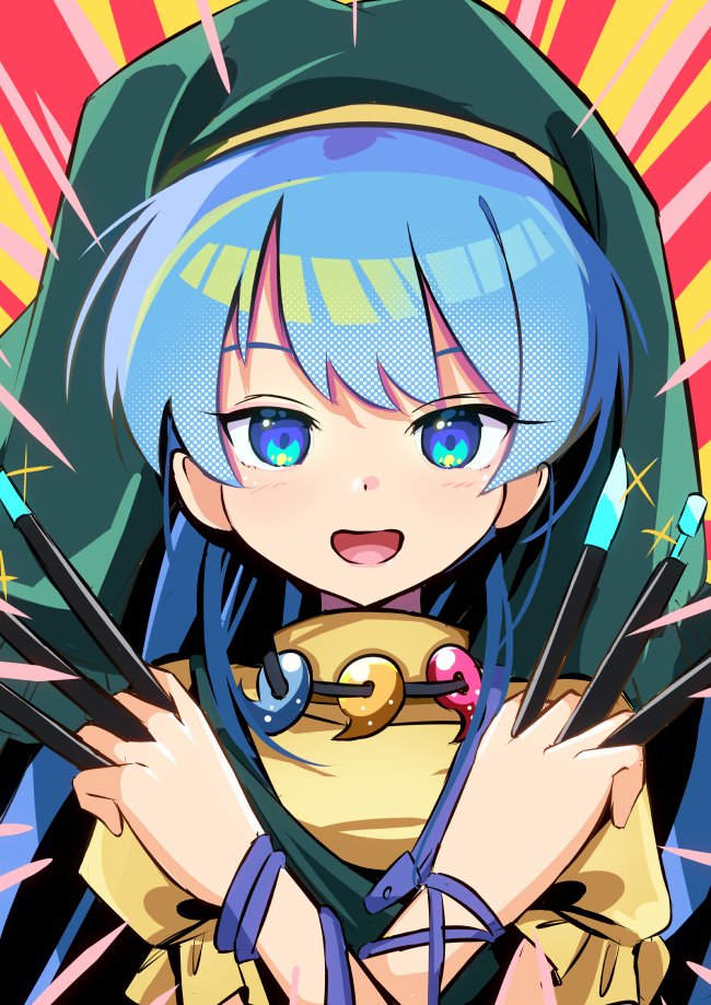 1girl :d between_fingers blue_eyes blue_hair emphasis_lines green_headwear haniyasushin_keiki harakune_(mugennero) head_scarf holding jewelry long_hair magatama magatama_necklace necklace one-hour_drawing_challenge open_mouth smile solo touhou upper_body wood_carving_tool