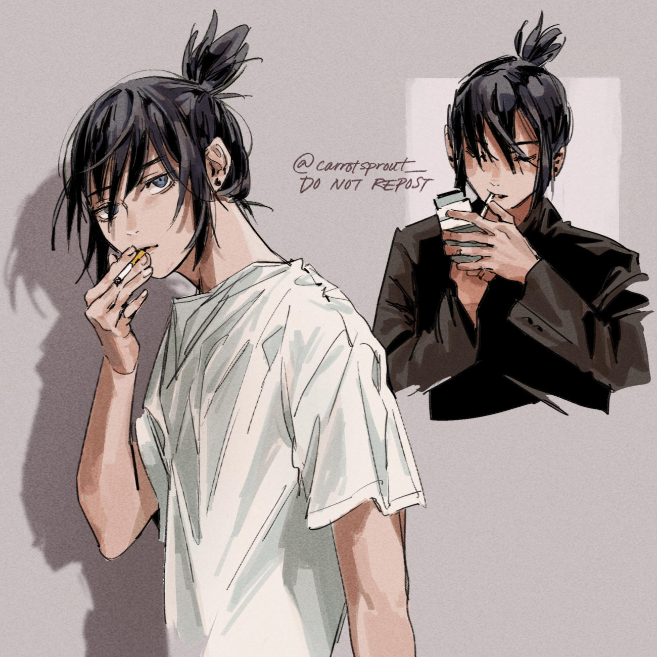 1boy black_hair black_jacket blue_eyes carrotsprout chainsaw_man cigarette cigarette_pack closed_eyes earrings grey_background hayakawa_aki highres holding holding_cigarette jacket jewelry looking_at_viewer messy_hair shadow shirt short_hair simple_background solo stud_earrings topknot twitter_username white_shirt