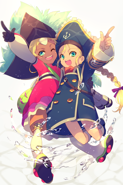 2girls blonde_hair blue_eyes braid chat_(tales) dark-skinned_female dark_skin earrings echo_(circa) forehead_jewel full_body gloves hat jewelry long_hair looking_at_viewer multiple_girls one_eye_closed open_mouth patty_fleur pirate_hat red_shirt shirt short_hair shorts smile tales_of_(series) tales_of_eternia tales_of_vesperia thigh-highs twin_braids very_short_hair water
