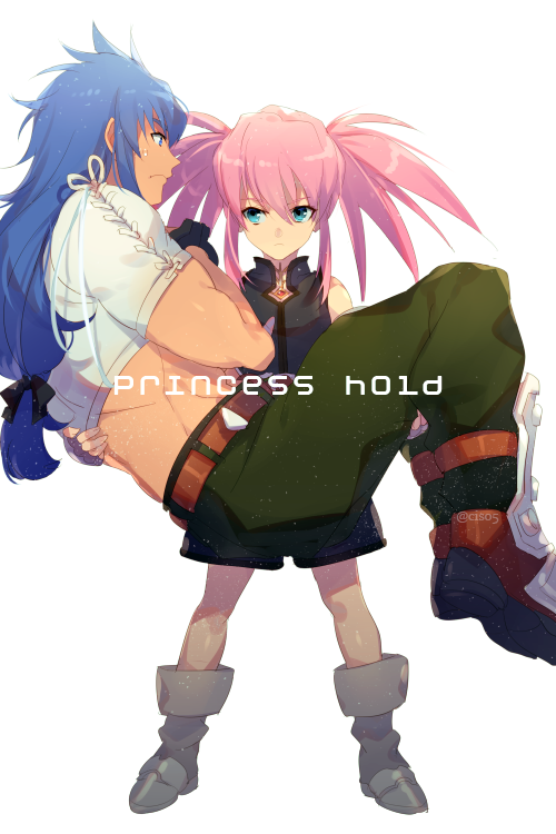 1boy 1girl blue_eyes blue_hair boots closed_mouth echo_(circa) fingerless_gloves full_body gloves holding long_hair muscular pink_hair presea_combatir regal_bryan simple_background tales_of_(series) tales_of_symphonia twintails white_background