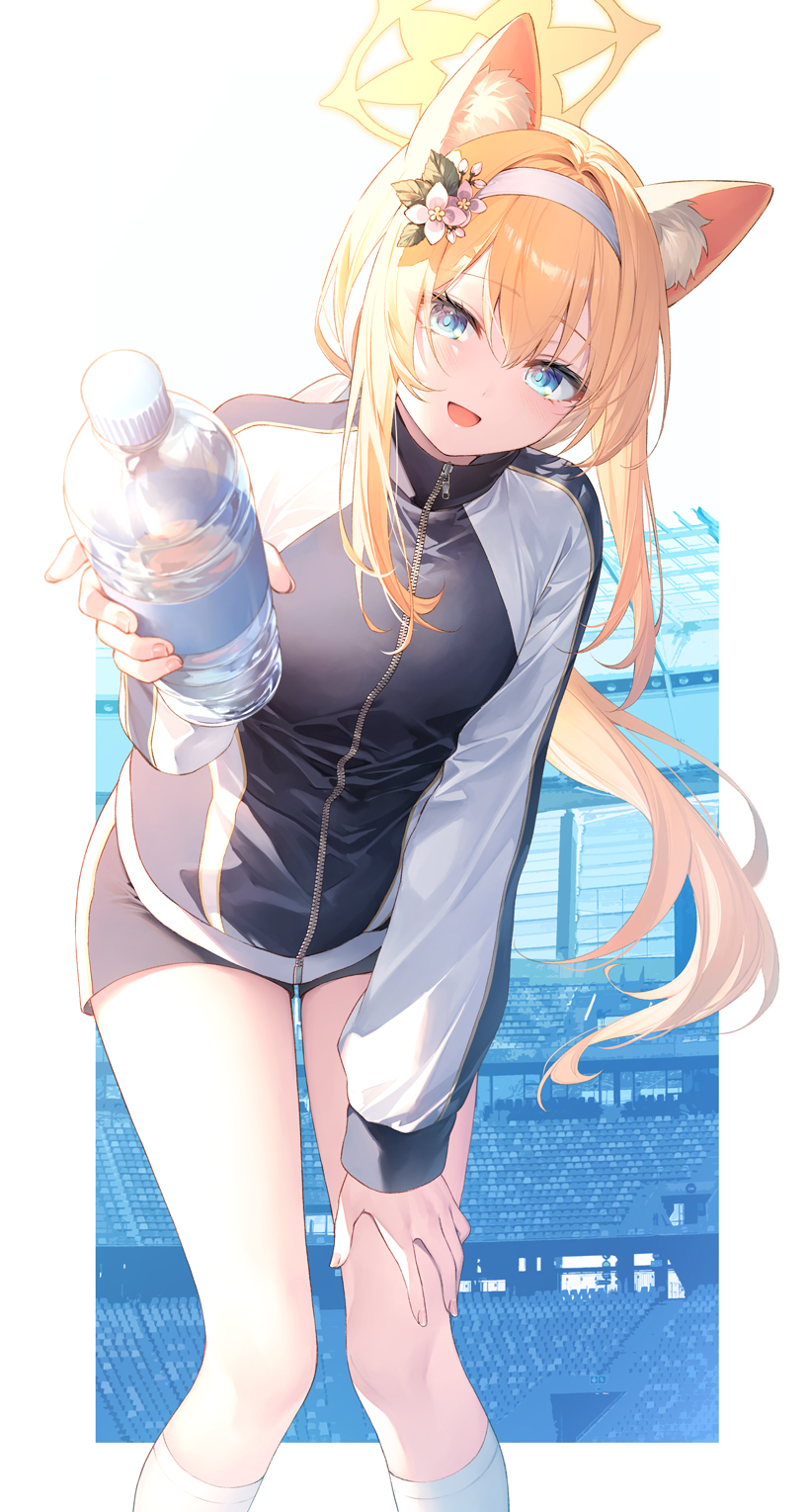1girl :d animal_ear_fluff animal_ears bangs blue_archive blue_eyes border bottle breasts feet_out_of_frame floating_hair flower gym_uniform hair_flower hair_ornament hairband halo hand_on_own_thigh highres holding holding_bottle jacket leaning_forward long_hair long_sleeves looking_at_viewer mari_(blue_archive) mari_(gym_uniform)_(blue_archive) medium_breasts multicolored_clothes multicolored_jacket official_alternate_costume open_mouth orange_hair outstretched_hand plastic_bottle ponytail short_shorts shorts sidelocks smile socks solo standing thighs toosaka_asagi track_jacket two-tone_jacket very_long_hair water_bottle white_background white_border white_hairband white_socks zipper_pull_tab