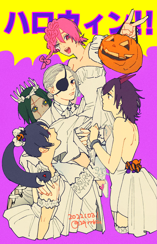 5girls black_hair black_sclera bone carrying carrying_person chainsaw_man closed_mouth colored_sclera crown cuffs dress exposed_brain eyepatch green_hair hair_ornament handcuffs heart heart-shaped_pupils horns jack-o'-lantern jack-o'-lantern_hair_ornament long_(chainsaw_man) multiple_girls open_mouth pingtsi_(chainsaw_man) pink_hair purple_hair quanxi's_group_(chainsaw_man) quanxi_(chainsaw_man) red_horns simple_background smile star_(symbol) star_hair_ornament stitched_face stitches symbol-shaped_pupils tsugihagi_(chainsaw_man) tuxedo uoyaao v wedding_dress white_footwear white_hair wife_and_wife wife_and_wife_and_wife yellow_eyes