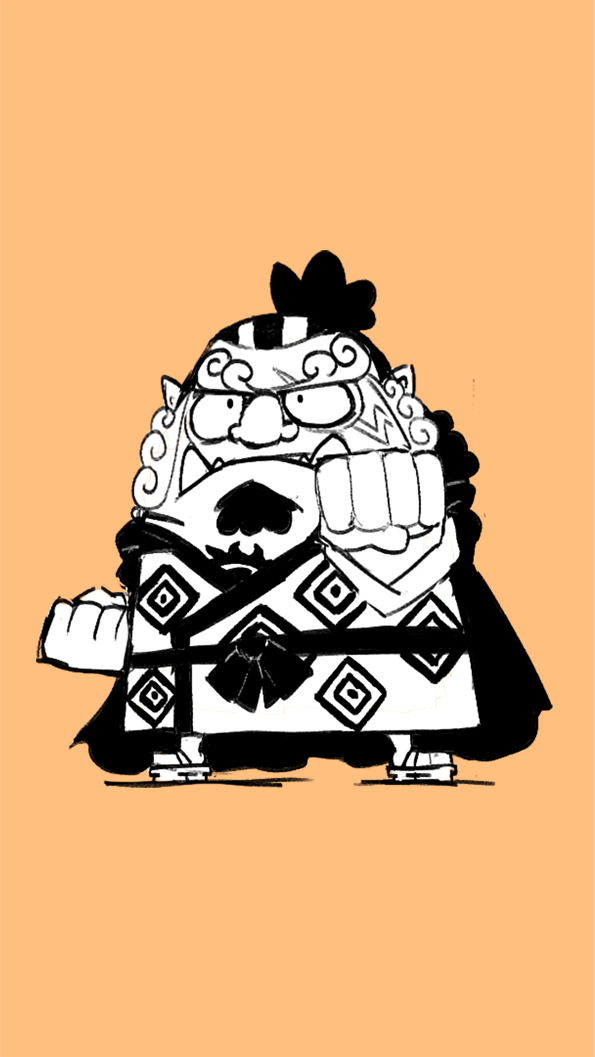 1boy arm_up beard blacknirrow cape chibi clenched_hands closed_mouth commentary english_commentary facial_hair facial_mark fighting_stance full_body japanese_clothes jinbe_(one_piece) kimono legs_apart long_sleeves male_focus monochrome one_piece orange_background outstretched_arm pointy_ears sandals sash short_hair simple_background sketch solo standing topknot tusks