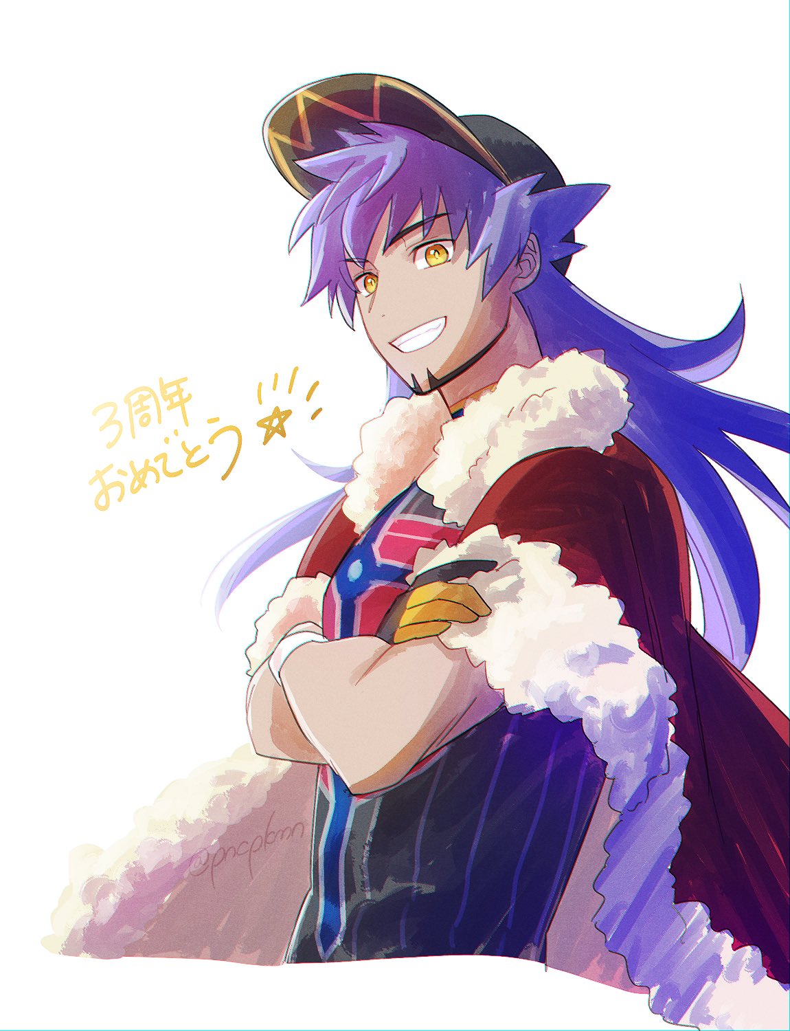 1boy baseball_cap bright_pupils cape champion_uniform commentary_request crossed_arms dark-skinned_male dark_skin facial_hair fur-trimmed_cape fur_trim gloves grin hat highres leon_(pokemon) long_hair male_focus pokemon pokemon_(game) pokemon_swsh punico_(punico_poke) purple_hair red_cape shirt smile solo star_(symbol) teeth upper_body white_pupils yellow_eyes